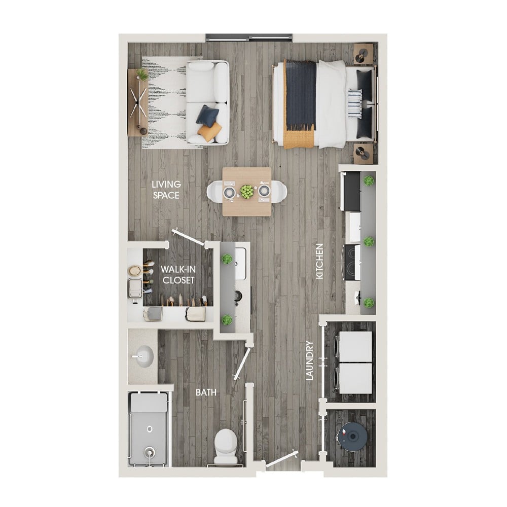 Rendering of the S1 floor plan with a Studio bedroom and 1 bathroom[s] at The View at Rock Run