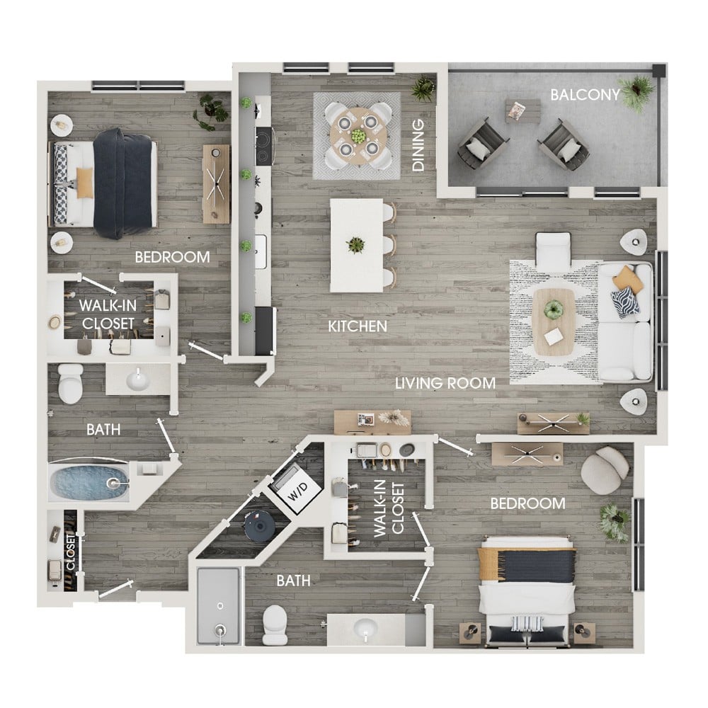 Rendering of the C8 floor plan with 2 bedroom[s] and 2 bathroom[s] at The View at Rock Run