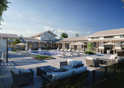 a rendering of an outdoor pool with lounge chairs umbrellas and tables