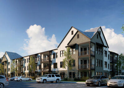 exterior rendering of a brand new three-story apartment building and the parking lot