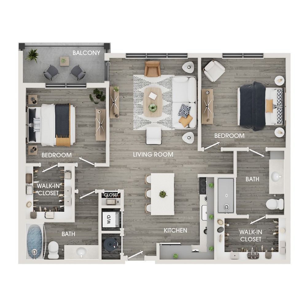Rendering of the C1 floor plan with 2 bedroom[s] and 2 bathroom[s] at The View at Rock Run