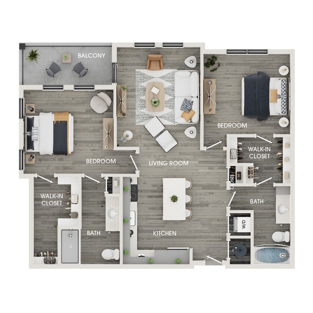 Rendering of the C2 floor plan with 2 bedroom[s] and 2 bathroom[s] at The View at Rock Run